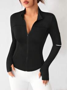 Easithlete Zipper Stand Collar Thumb Hole Workout Jacket - Black - View 2