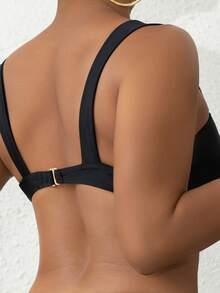 SHEIN Swim 带系带无钢圈肩带褶皱比基尼套装，比基尼套装夏季海滩 - 黑色 - 查看 4