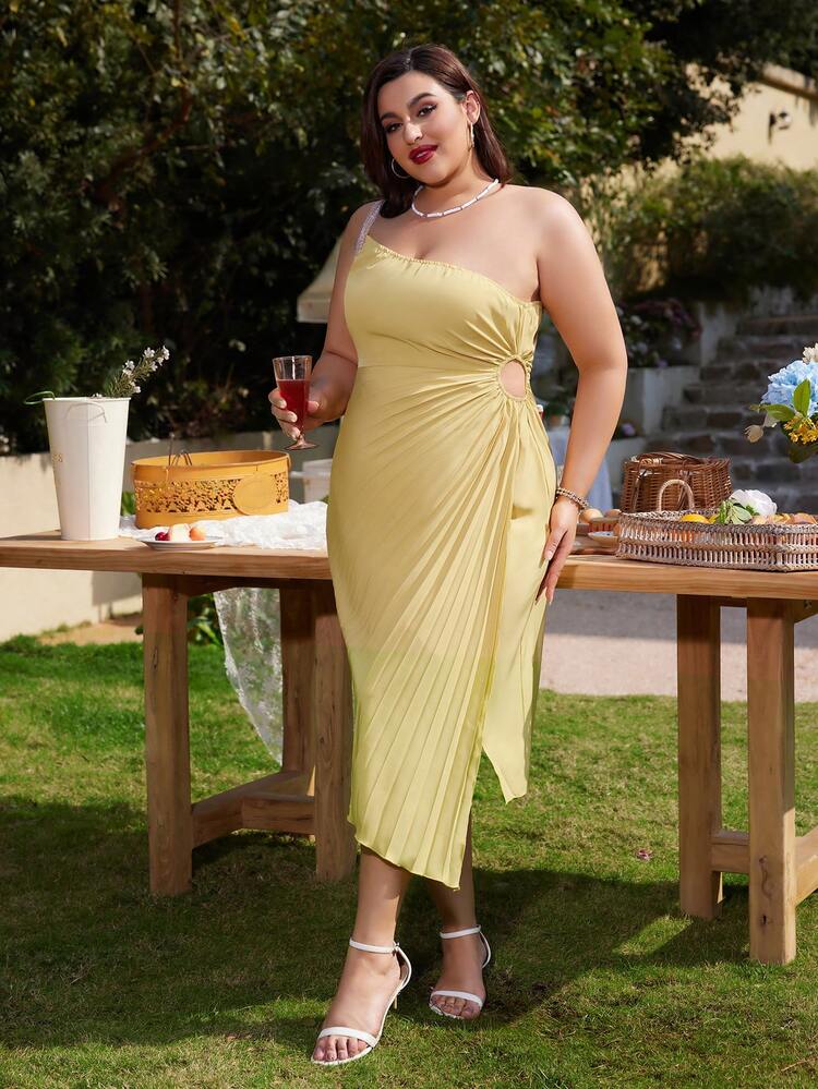 Plus Size Solid Color Asymmetrical Hem One Shoulder Hollow Out Dress, Wedding Guest Dress