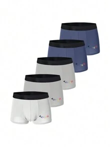 Men's Basic Knitted Fabric Multicolor Letter Print Trunks With Slight Stretch 5 Pack - Multicolor - View 1
