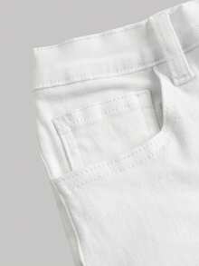 SHEIN Nuevos Pantalones Vaqueros Blancos Para Niñas Preadolescentes Para Las Vacaciones De Verano, Cómodos Y Elásticos, Con Rasgaduras Y Un Toque De Sol - Blanco - Ver 4