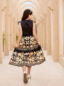 SHEIN Cô gái Tween Dễ thương Ruffle Cắt tỉa Áo sơ mi & Bộ váy - màu đen - Xem 3