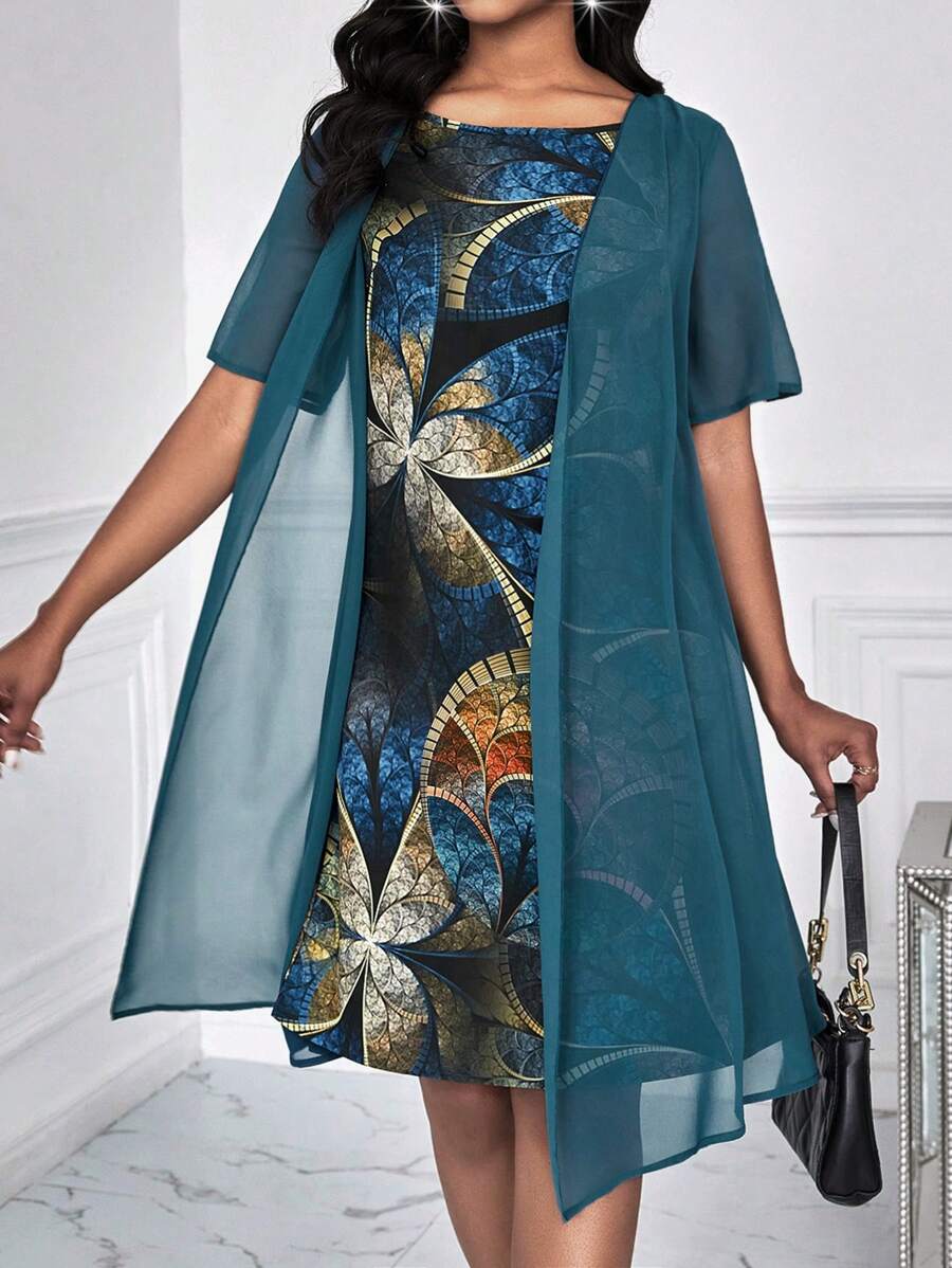 EMERY ROSE Round-Neck Bohemian Style Printed Semi-Sheer Chiffon Fabric 2 In 1 Dress - Teal Blue - View 1