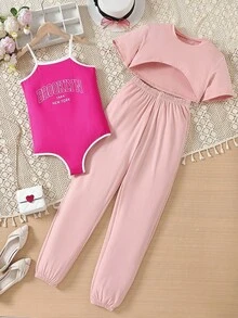 Teen Girl 3pcs Round Neck High Low Hem Short Sleeve Top, Spaghetti Strap Jumpsuit And Pants Set - Pink - View 1