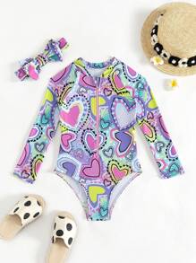 Young Girl Long-Sleeve One Piece Swimsuit With Random Printed Headband Included - Purple - View 1
