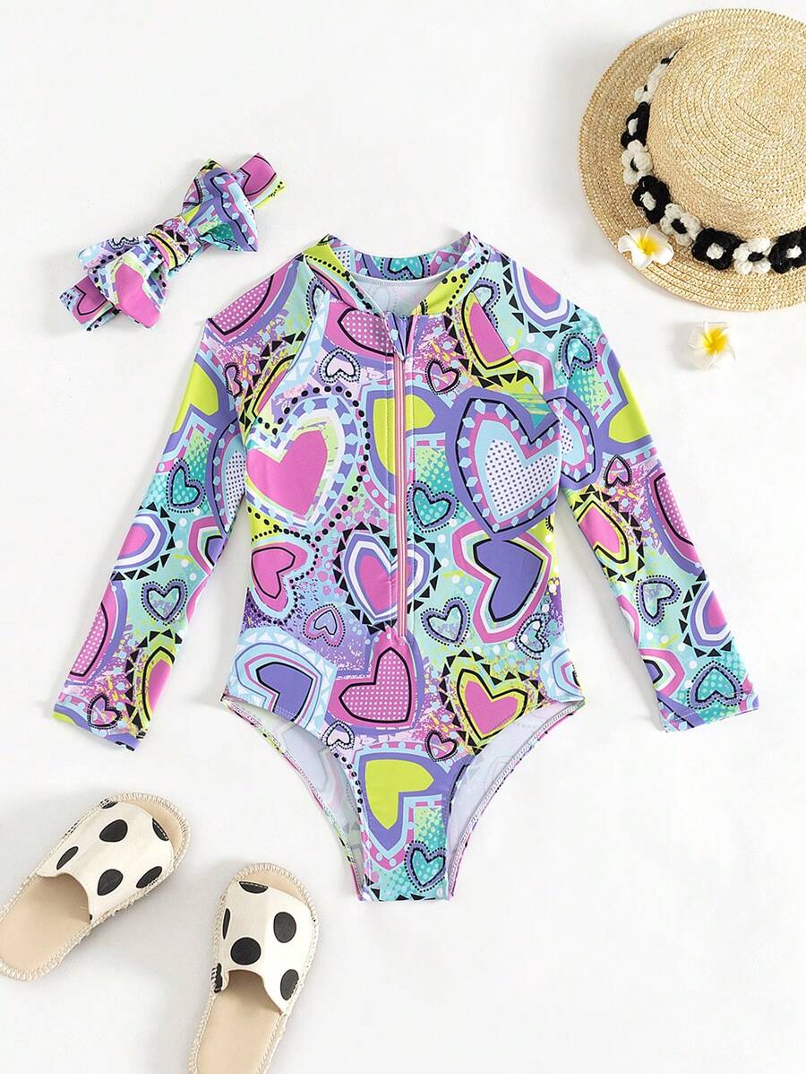 Young Girl Long-Sleeve One Piece Swimsuit With Random Printed Headband Included - Purple - View 1