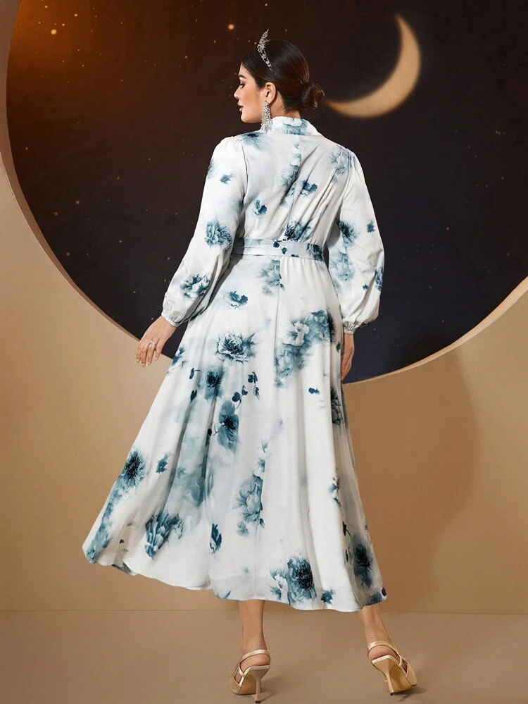 Plus Size Lantern Sleeve Floral Print Belted Dress Long Evening Dresses