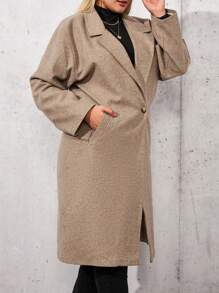 SHEIN Cottnline Plus Size Women's Single-Breasted Long Overcoat - Beige - View 3