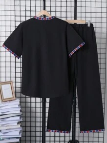 少年風格短袖上衣和褲子套裝 - 黑色 - 查看 2