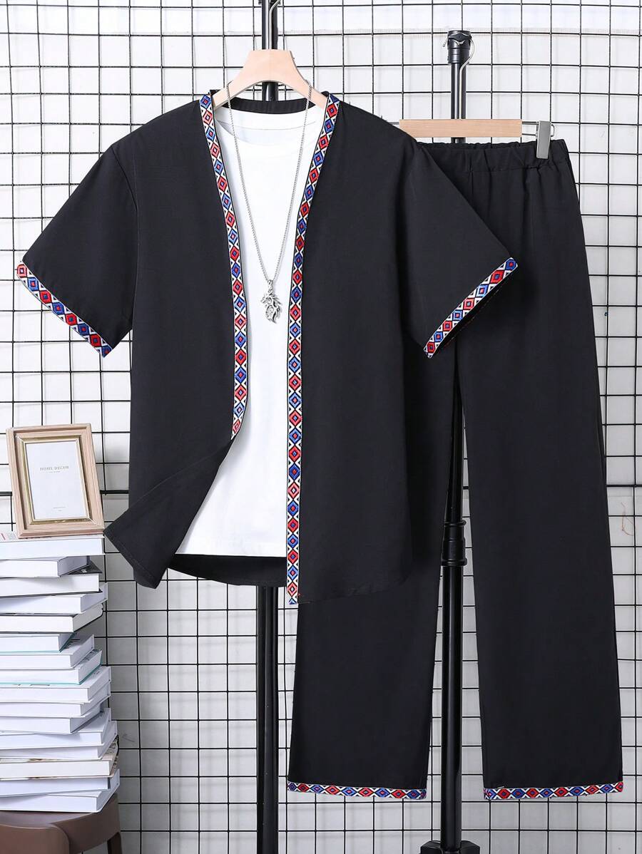 少年風格短袖上衣和褲子套裝 - 黑色 - 查看 1