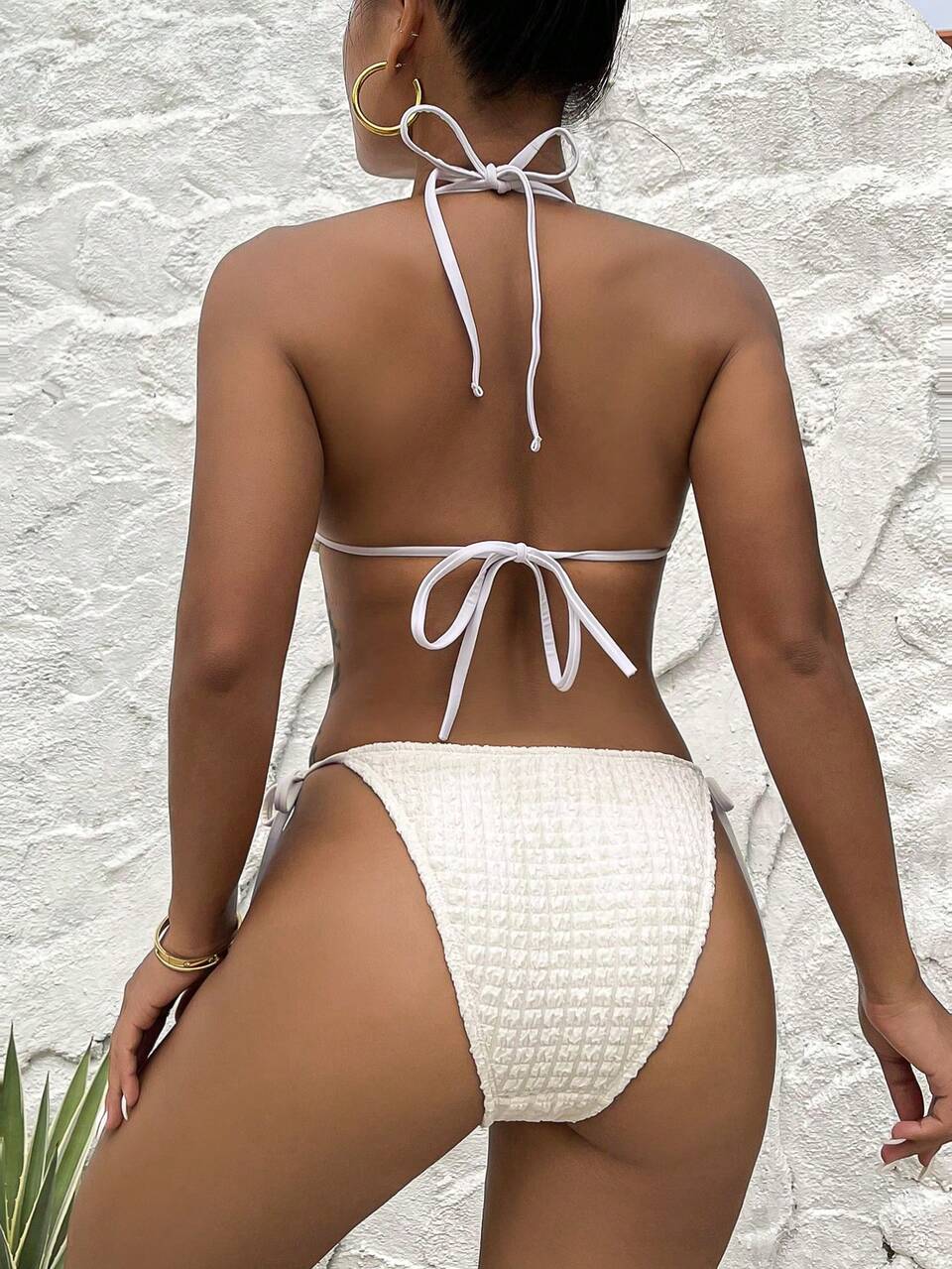 Ladies' Solid Color Textured Bikini Set With Side Lace-Up Detail Summer Beach