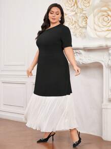 Modelyn 大码女式拼色荷叶边下摆短袖连衣裙长款晚礼服 - 黑與白 - 查看 7