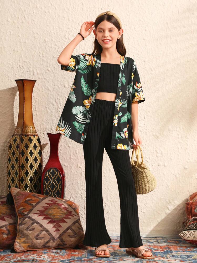 Tween Girls' Woven Botanical Print Shirt, Knitted Tube Top, And Flared Pants Three-Piece Set