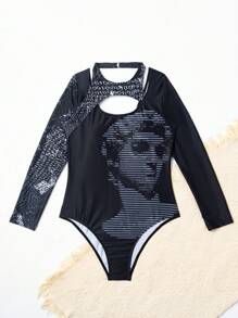 Teen Girl's Sculpture Print Hollow Out Long Sleeve One Piece Swimsuit - Multicolor - View 5