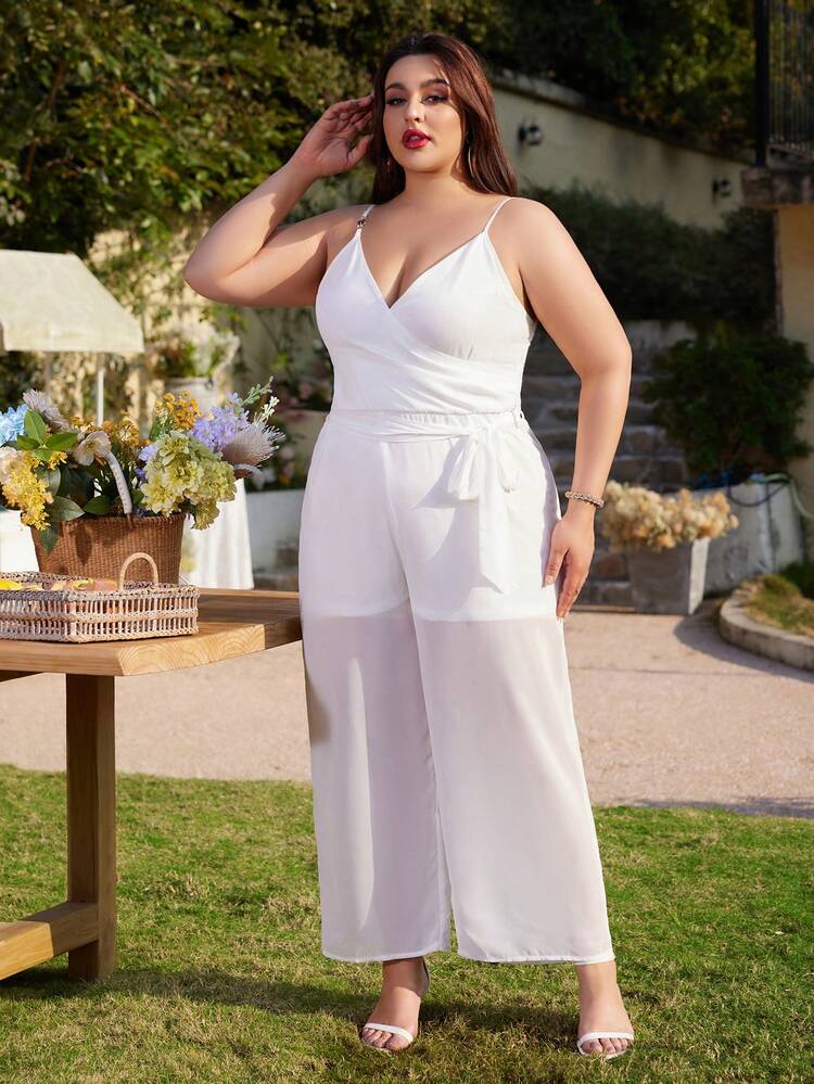 Plus Size Solid Color V-Neck Cami Loose Fit Jumpsuit With Wide Straps And Straight Legs