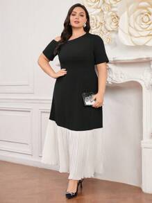 Modelyn 大码女式拼色荷叶边下摆短袖连衣裙长款晚礼服 - 黑與白 - 查看 3