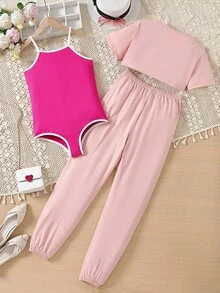 Teen Girl 3pcs Round Neck High Low Hem Short Sleeve Top, Spaghetti Strap Jumpsuit And Pants Set - Pink - View 2
