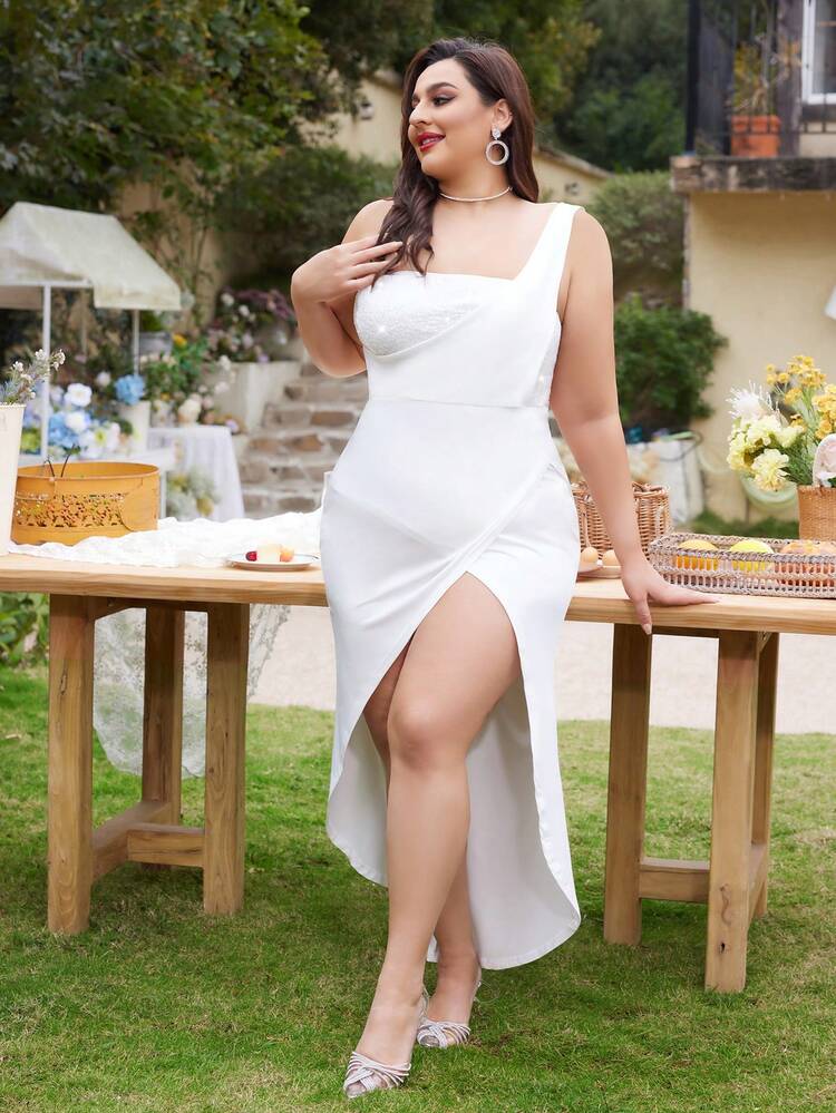 Plus Size Solid Color One Shoulder Split Joint Bodycon Dress