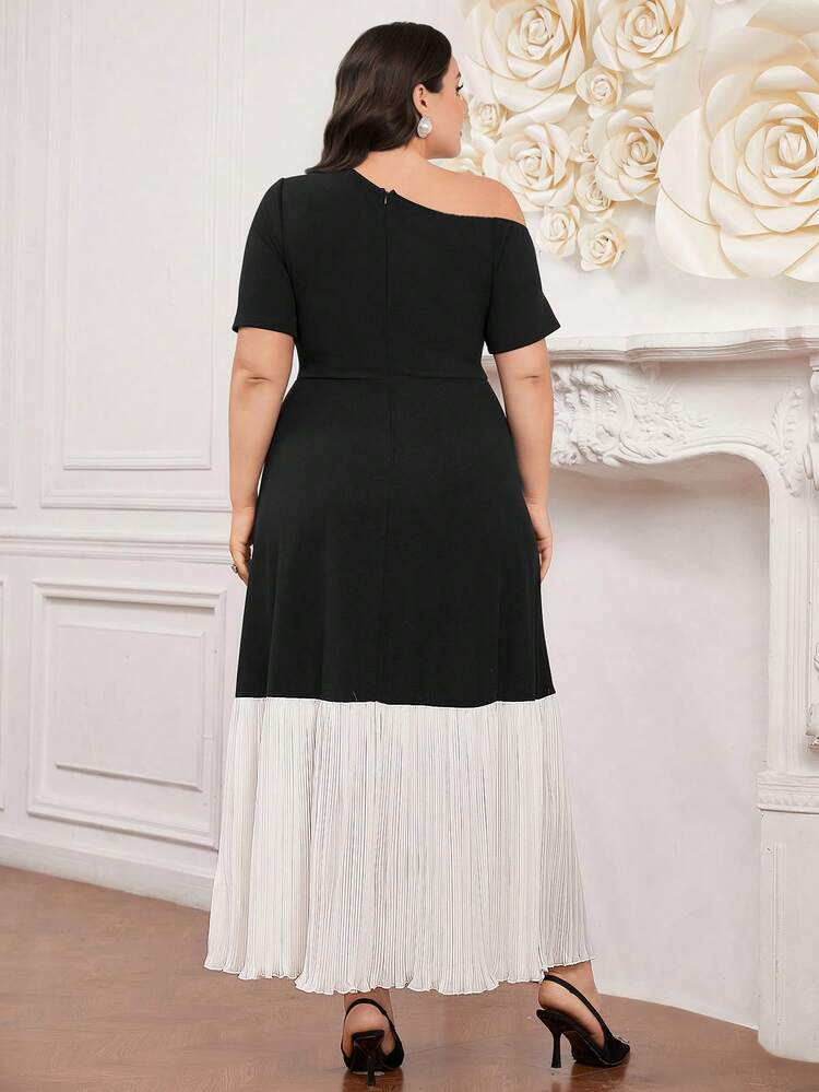 Plus Size Women's Color Block Ruffle Hem Short Sleeve Dress Long Evening Dresses