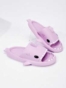 Women Shark Design Slides, Preppy Cartoon Purple Flat Slippers - Purple - View 4