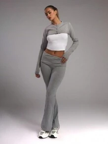 MUSERA Sheer Rib Cropped Cardigan - Grey - View 3