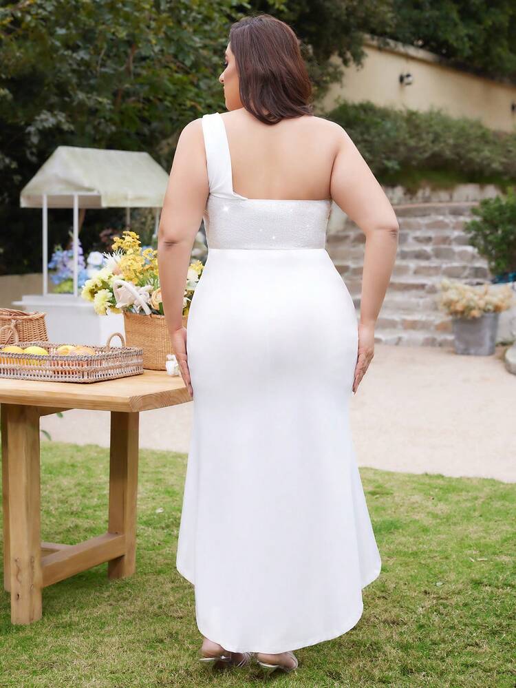 Plus Size Solid Color One Shoulder Split Joint Bodycon Dress