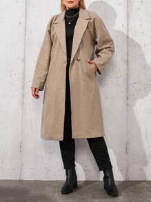 SHEIN Cottnline Plus Size Women's Single-Breasted Long Overcoat - Beige - View 5