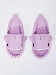 Women Shark Design Slides, Preppy Cartoon Purple Flat Slippers - Purple - View 5