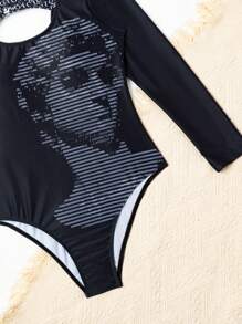 Teen Girl's Sculpture Print Hollow Out Long Sleeve One Piece Swimsuit - Multicolor - View 6