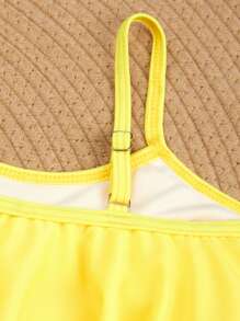 Young Girls' New Fashion Yellow Camisole And Colorful Checkered Tankini Set - Multicolor - View 4