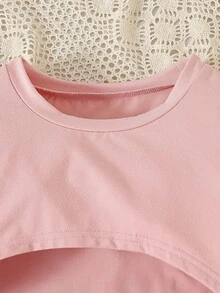 Teen Girl 3pcs Round Neck High Low Hem Short Sleeve Top, Spaghetti Strap Jumpsuit And Pants Set - Pink - View 4