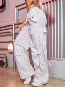 Street 90S Flap Pocket Side Drawstring Waist Parachute Cargo Pants - White - View 4