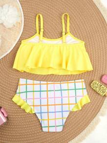 Young Girls' New Fashion Yellow Camisole And Colorful Checkered Tankini Set - Multicolor - View 2