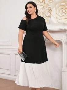 Modelyn 大码女式拼色荷叶边下摆短袖连衣裙长款晚礼服 - 黑與白 - 查看 8