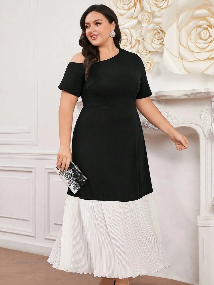 Plus Size Women's Color Block Ruffle Hem Short Sleeve Dress Long Evening Dresses