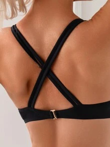 SHEIN Swim 女士交叉设计双肩带 V 型腰部豹纹拼接两件套比基尼套装夏季海滩 - 黑色 - 查看 4