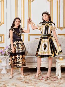 SHEIN Cô gái Tween Dễ thương Ruffle Cắt tỉa Áo sơ mi & Bộ váy - màu đen - Xem 7
