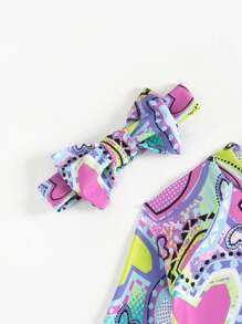 Young Girl Long-Sleeve One Piece Swimsuit With Random Printed Headband Included - Purple - View 4