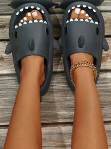 Women Cartoon Shark Design Single Band Slides, Preppy Outdoor EVA Slides,Beach Outfits,Slippers Women - Navy Blue - View 3