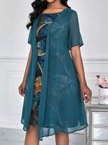 EMERY ROSE Round-Neck Bohemian Style Printed Semi-Sheer Chiffon Fabric 2 In 1 Dress - Teal Blue - View 6