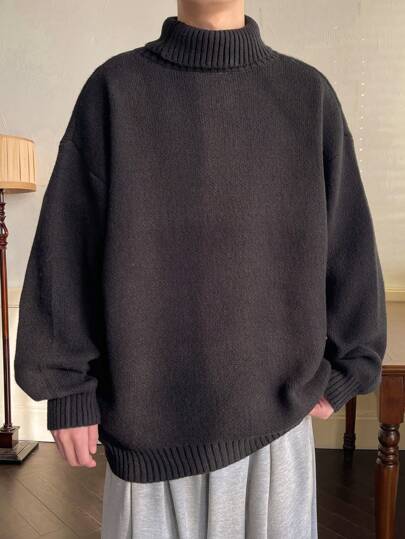 Plus Size Men's High Collar Loose Fit Solid Color Sweater,, Fall/Winter
