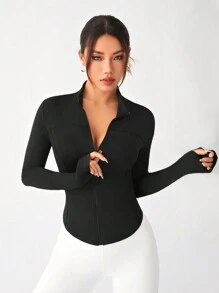 Easithlete Zipper Stand Collar Thumb Hole Workout Jacket - Black - View 3