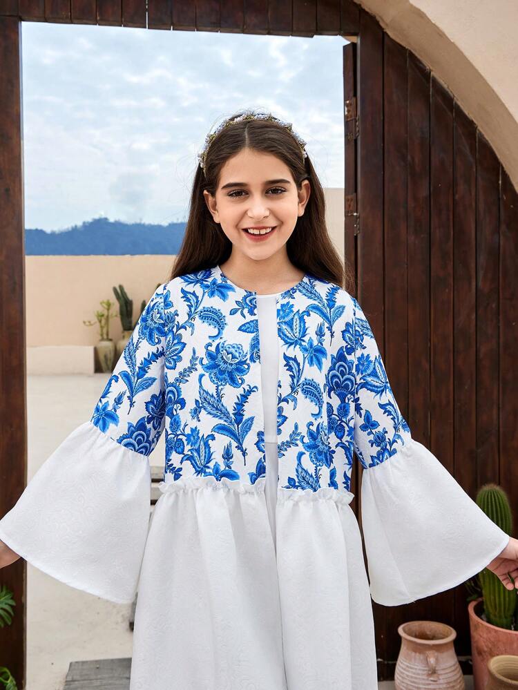 Tween Girl's Loose Fit Colorblock Cardigan With Ruffle Trim And Kimono Style For Holiday Look