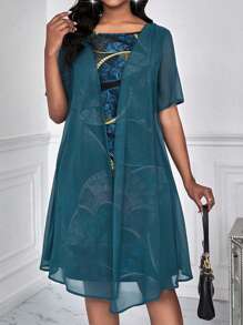 EMERY ROSE Round-Neck Bohemian Style Printed Semi-Sheer Chiffon Fabric 2 In 1 Dress - Teal Blue - View 4