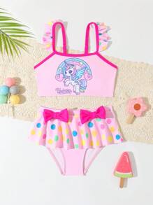 Young Girl Sunicorn And Polka Dot Print Bikini Set With Ruffle Decoration, Separated Bikini Set Summer Beach - Multicolor - View 1