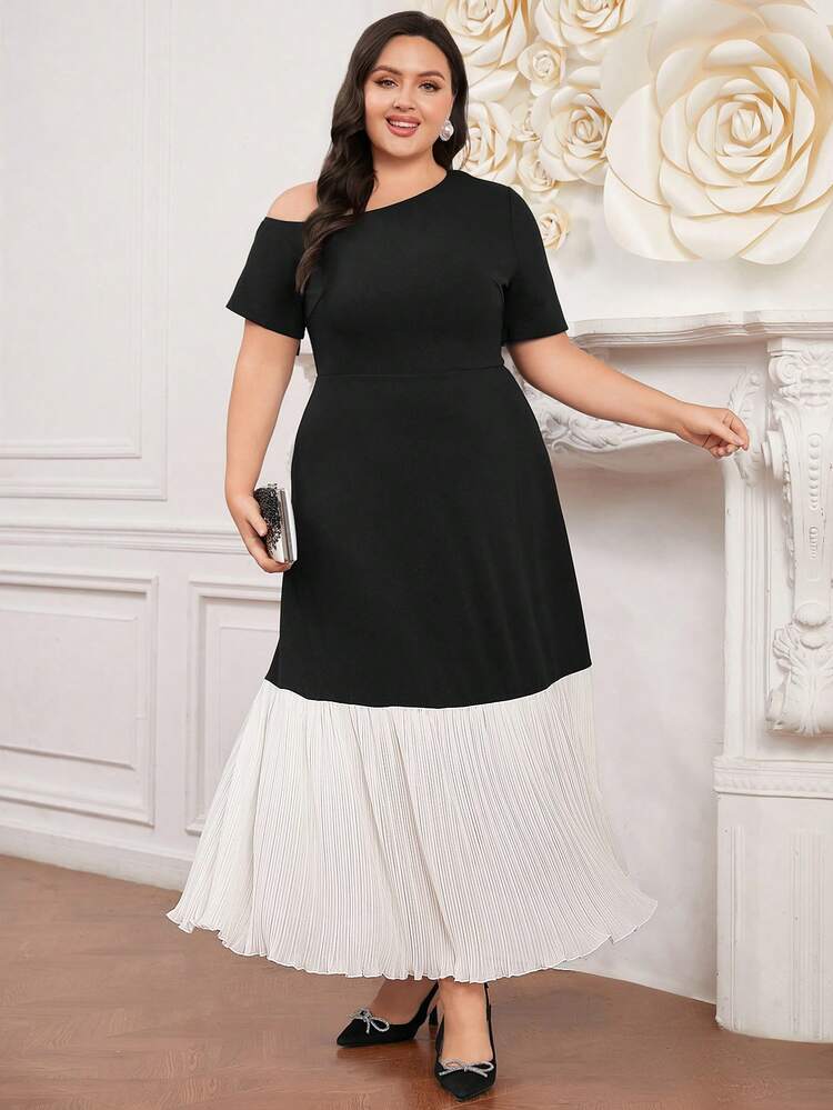 Plus Size Women's Color Block Ruffle Hem Short Sleeve Dress Long Evening Dresses