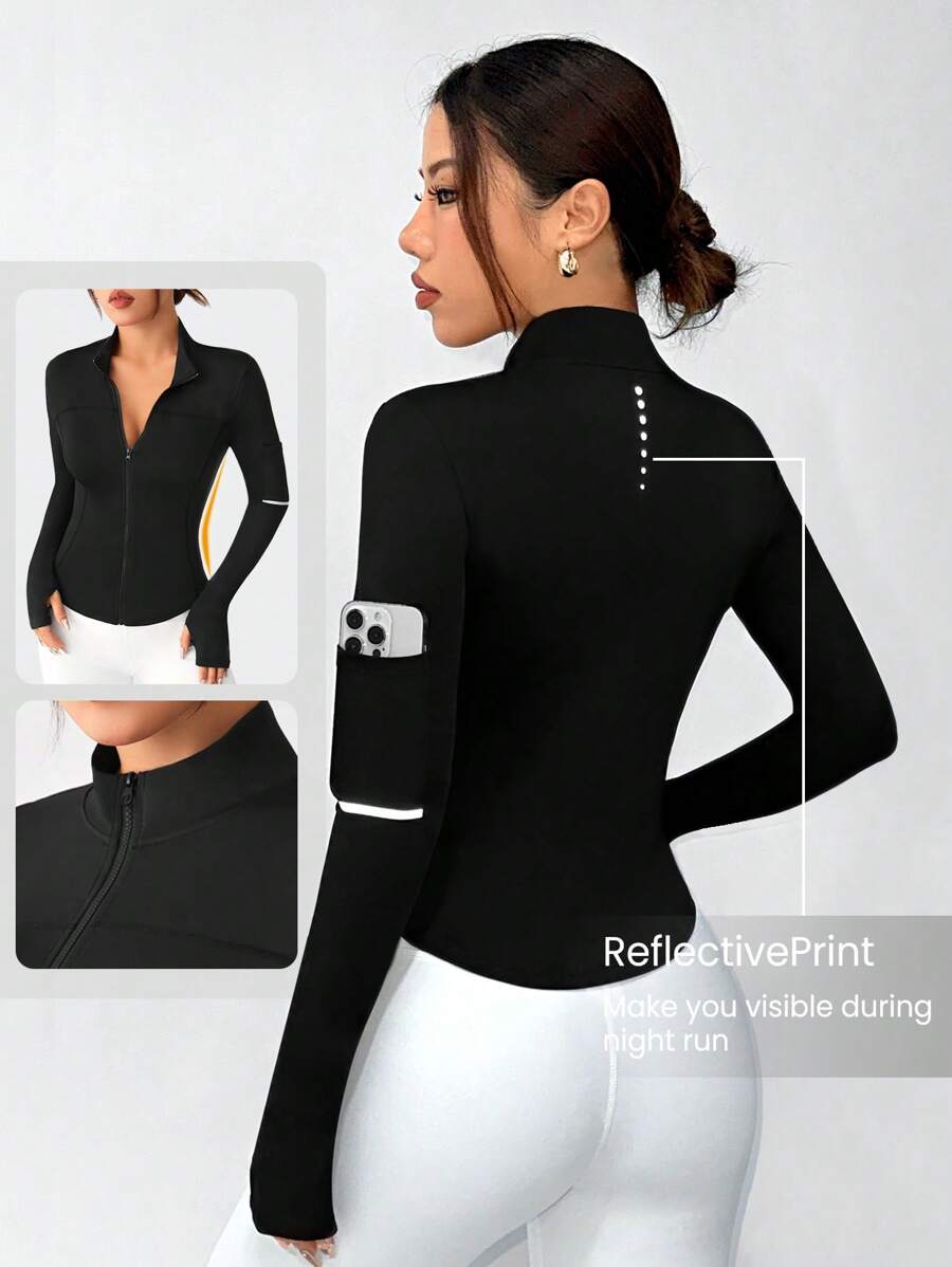 Easithlete Zipper Stand Collar Thumb Hole Workout Jacket - Black - View 1