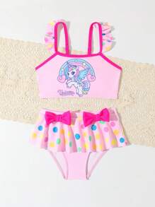 Young Girl Sunicorn And Polka Dot Print Bikini Set With Ruffle Decoration, Separated Bikini Set Summer Beach - Multicolor - View 4