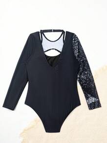 Teen Girl's Sculpture Print Hollow Out Long Sleeve One Piece Swimsuit - Multicolor - View 2