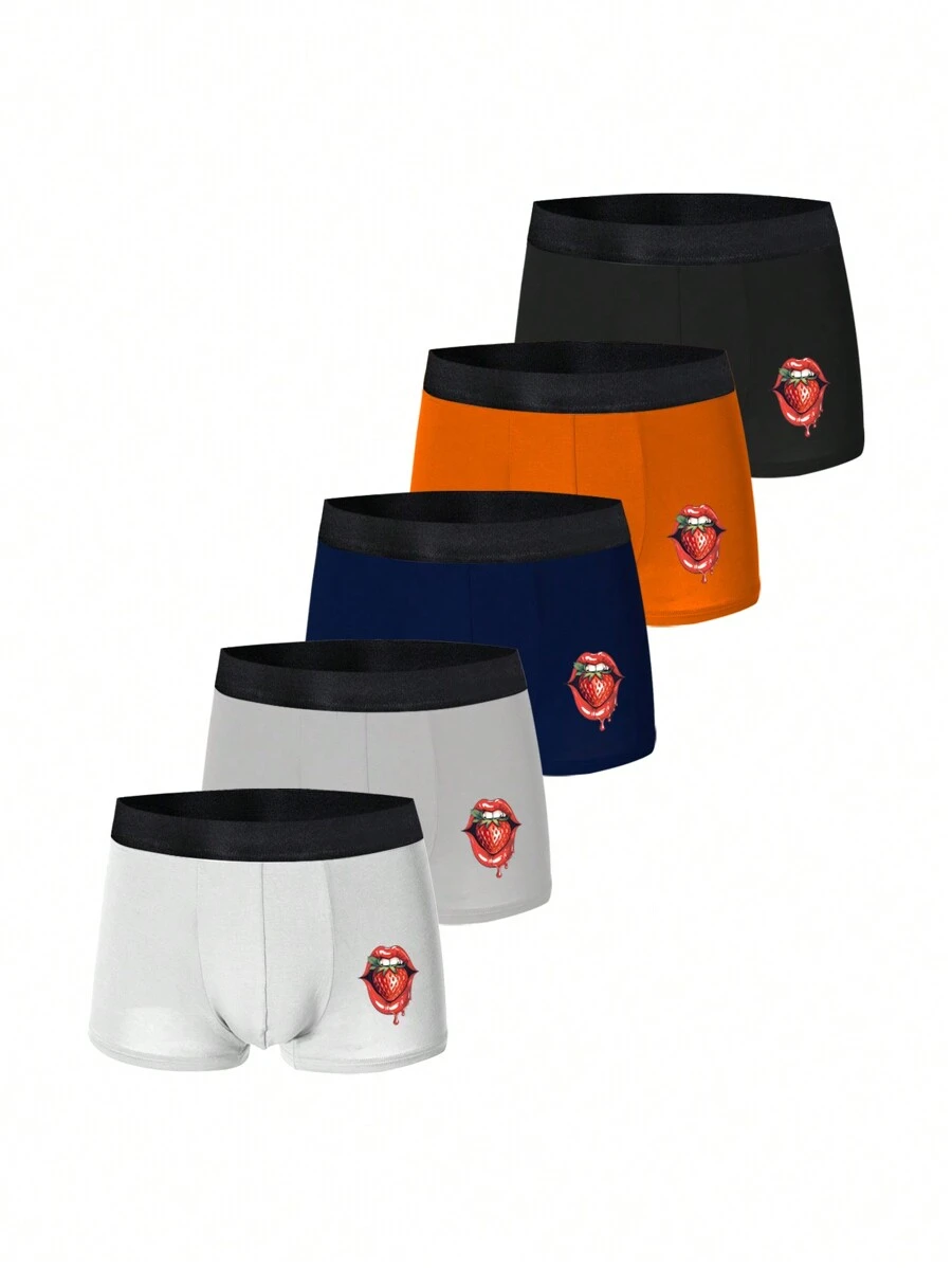 5pcs/Set Men's Strawberry Print Boxer Shorts - Multicolor - View 1